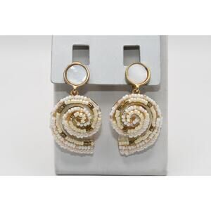 Chico's Beaded Shell Clip On Earrings White Seed Beads Gold Tone